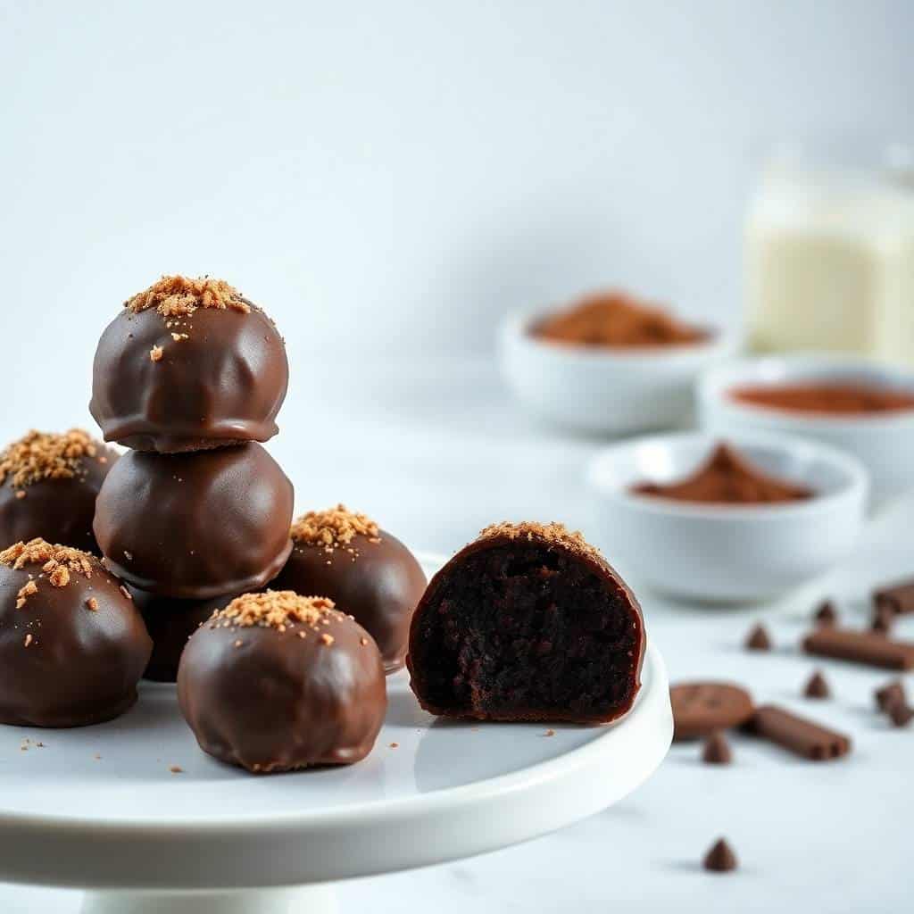 Chocolate truffles with cocoa powder topping, one sliced to show dark interior, arranged on white plate.