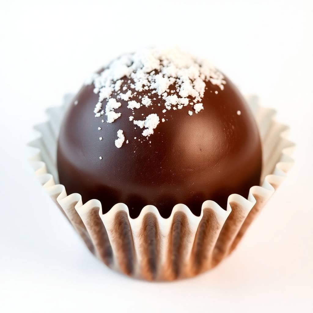 Rich chocolate truffle topped with powdered sugar, nestled in brown fluted paper cup.