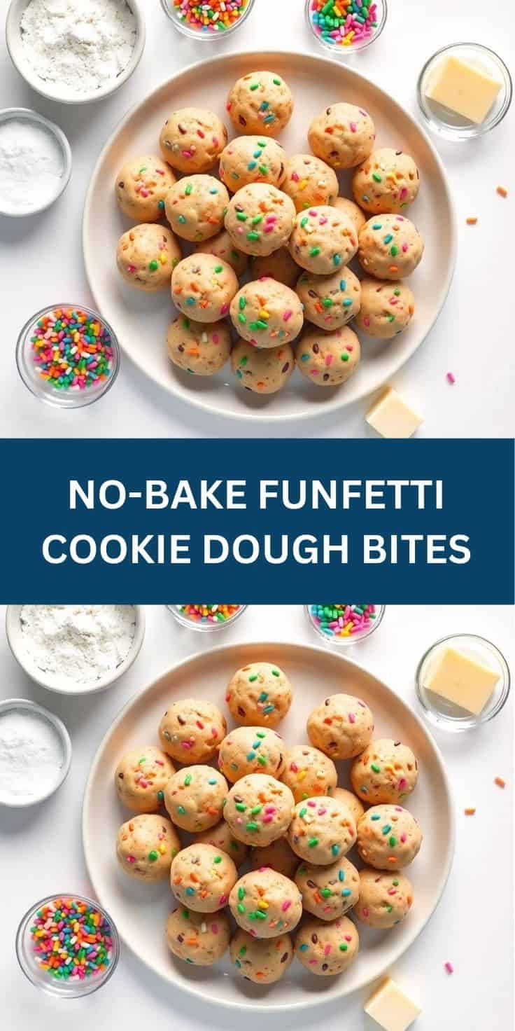 No-bake funfetti cookie dough bites arranged on white plate with colorful sprinkles and ingredients.
