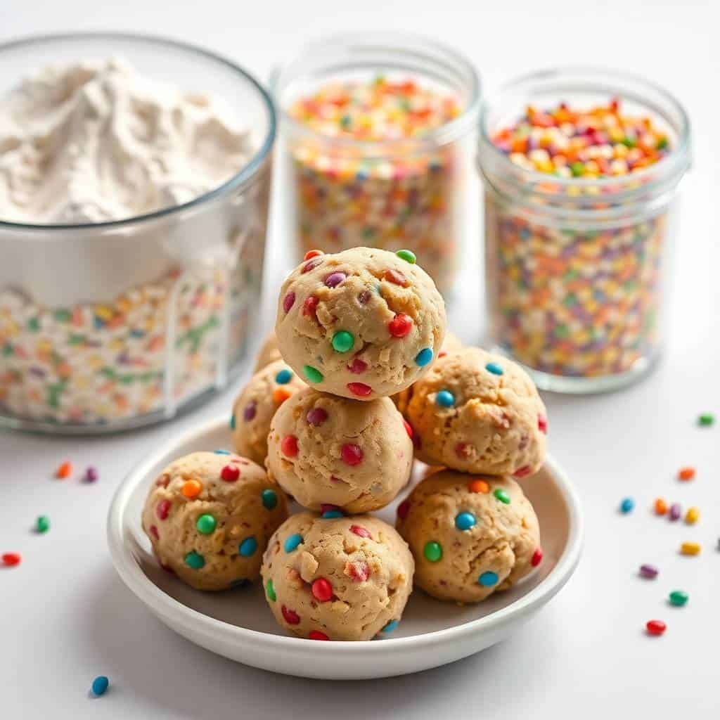 No-bake funfetti cookie dough bites stacked on white plate with sprinkles and ingredients in glass jars.