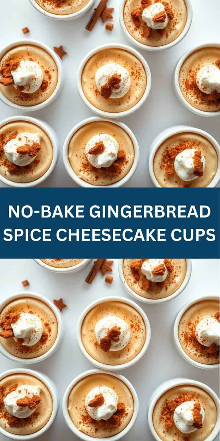 No-bake gingerbread spice cheesecake cups topped with whipped cream and cinnamon in white bowls.