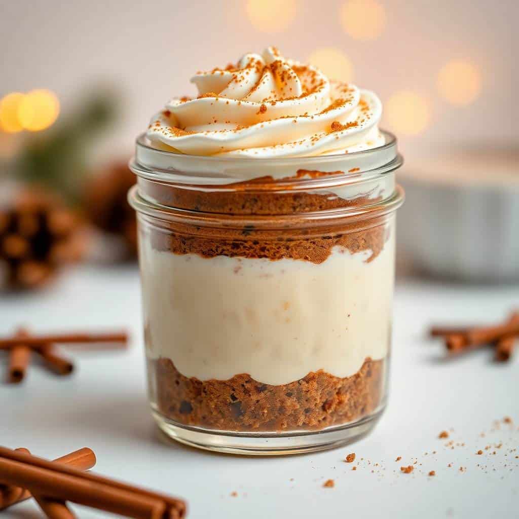 No-bake gingerbread spice cheesecake cups layered in glass jars with whipped cream topping and cinnamon garnish.