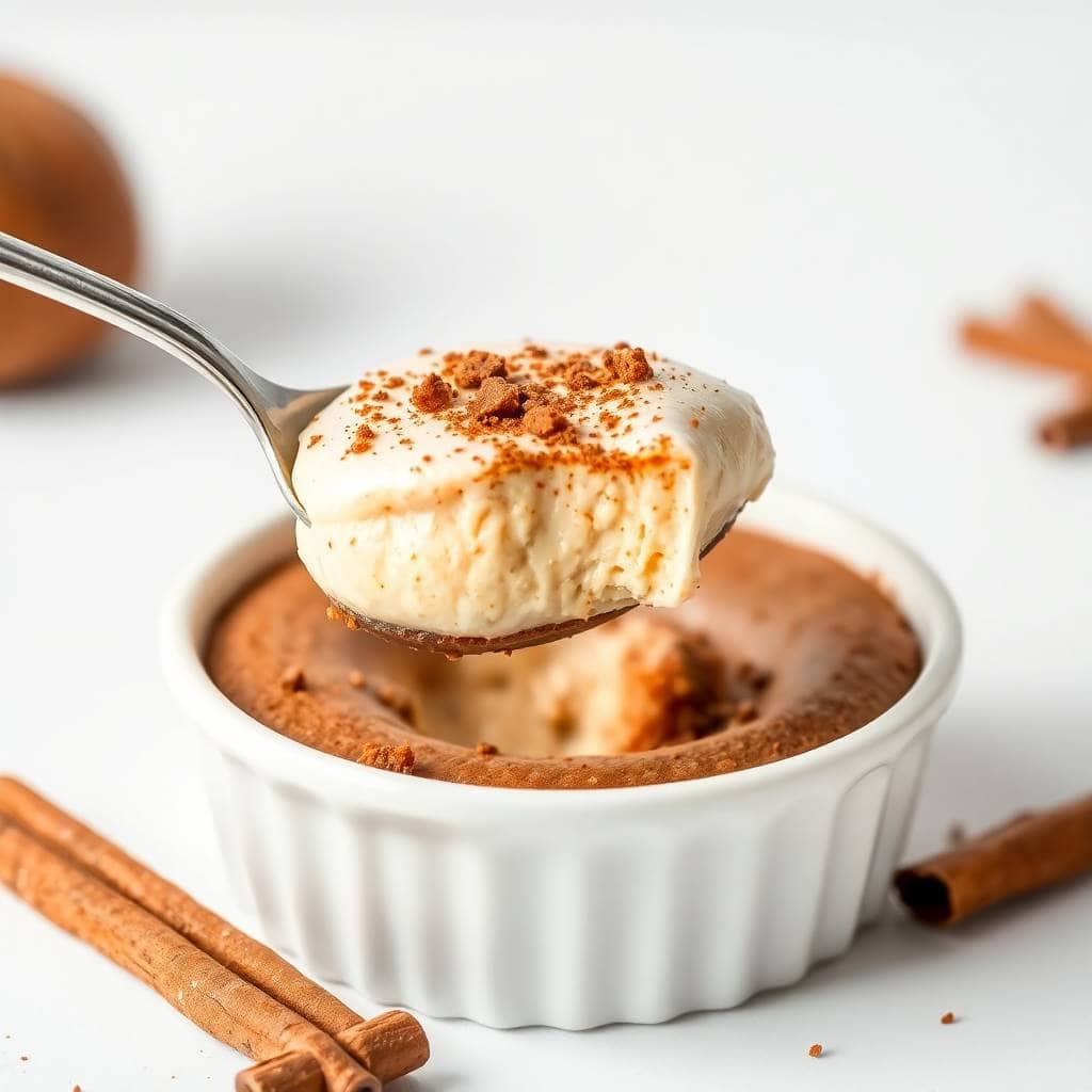 No-bake gingerbread spice cheesecake cup with whipped cream topping and cinnamon garnish, served in white ramekin.