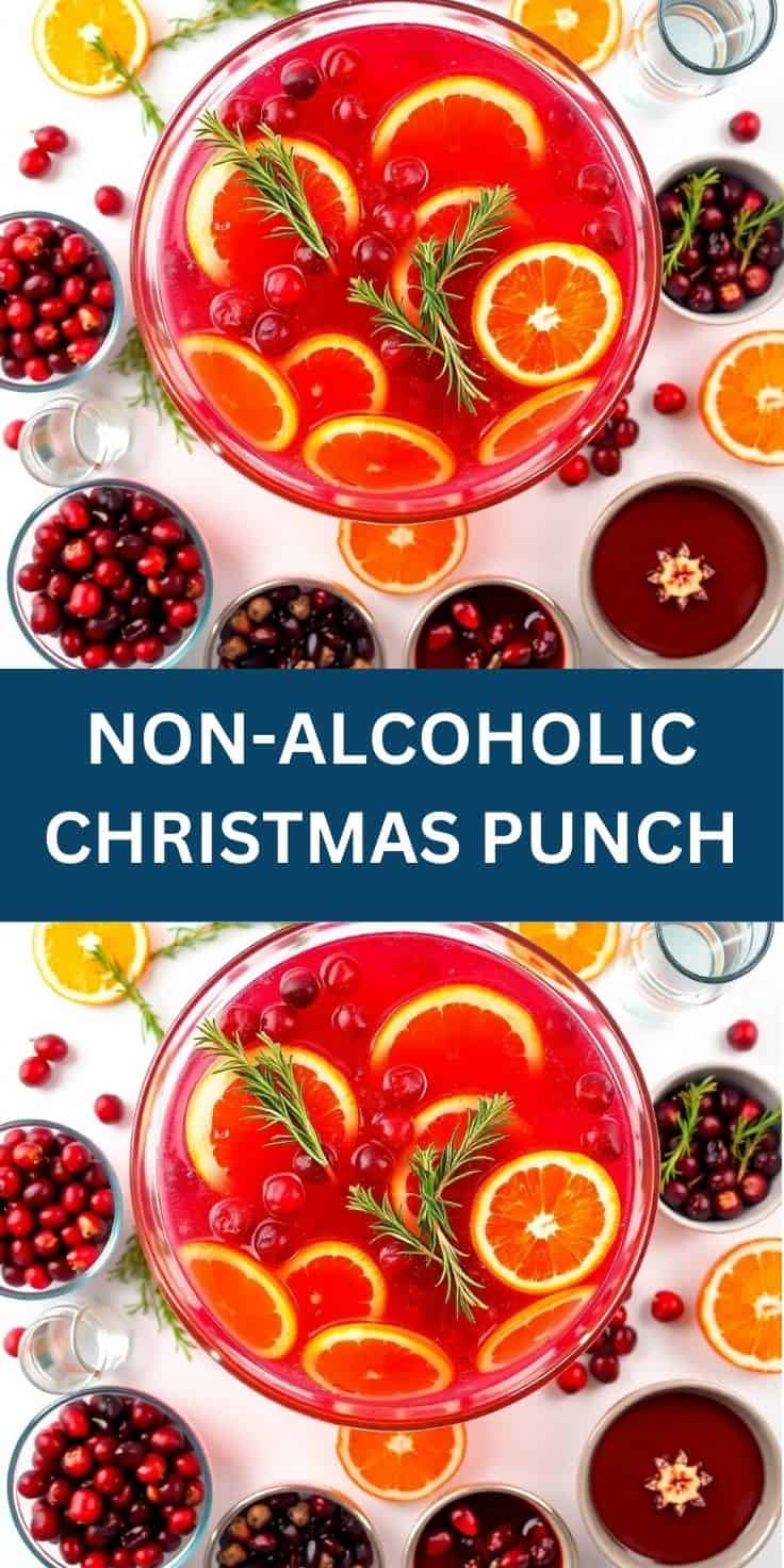 Red Christmas punch in glass bowl garnished with orange slices, cranberries, and rosemary sprigs.