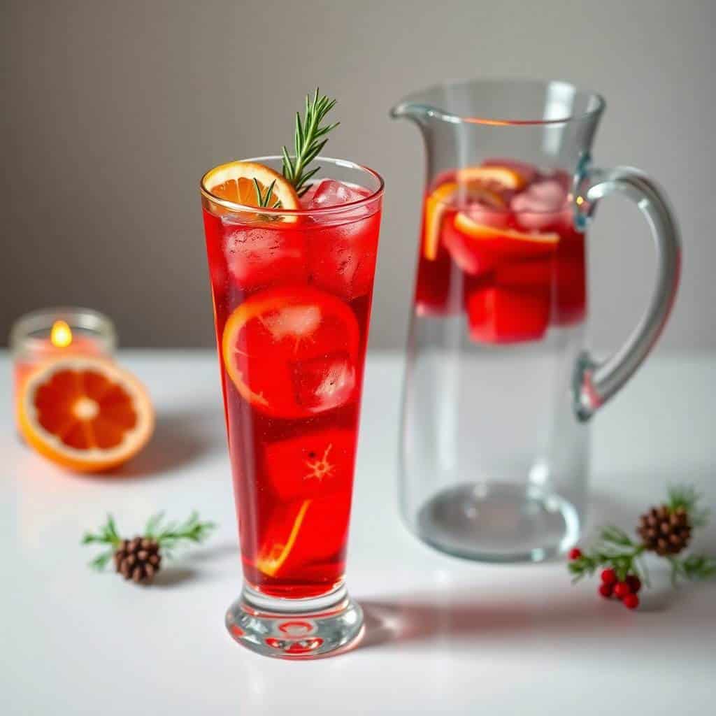 Festive red Christmas punch in tall glass with ice, orange slice, and rosemary garnish, pitcher in background.