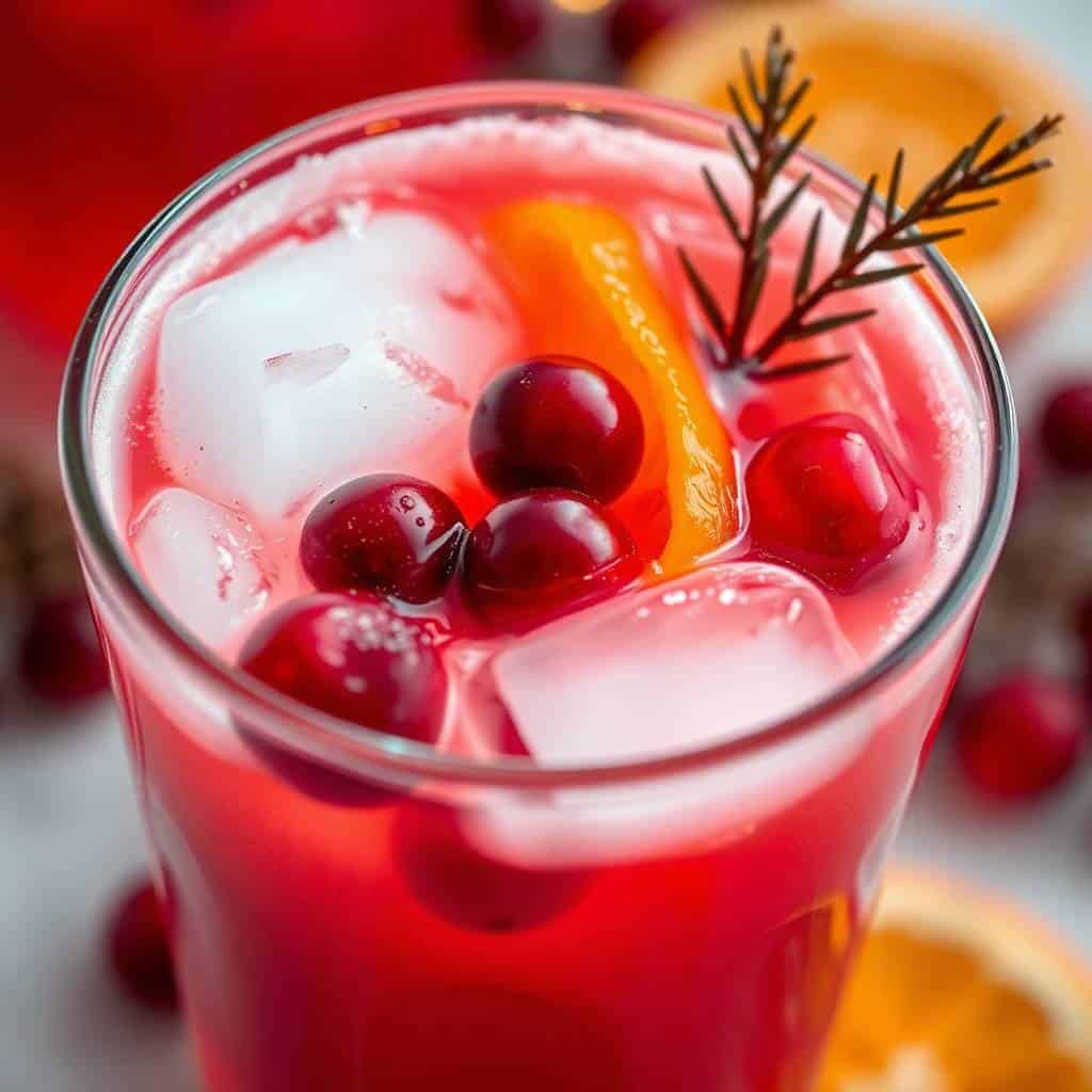 Festive red Christmas punch with cranberries, ice, orange slice, and rosemary garnish in glass.