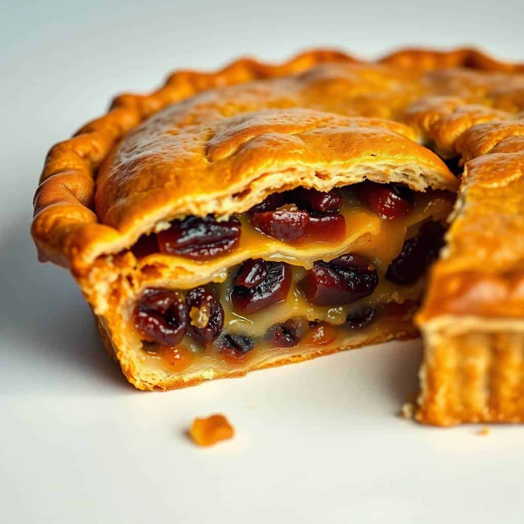 Sliced old fashioned raisin pie with golden pastry crust and dark raisin filling visible inside.