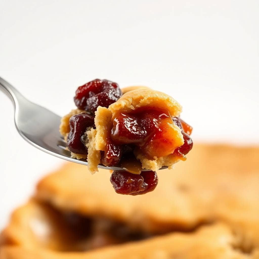 Fork holding a slice of raisin pie with golden crust and dark red filling against blurred background.