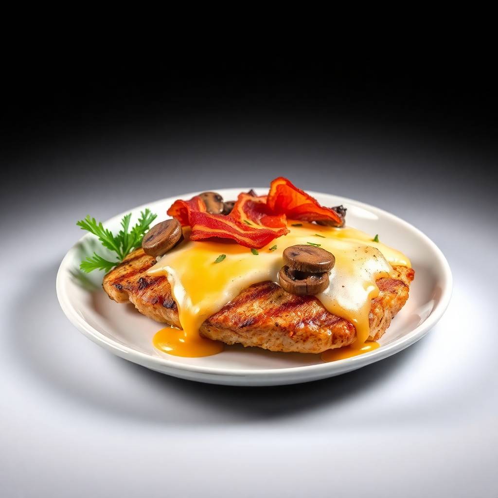 Alice Springs Chicken with melted cheese, mushrooms, and red peppers on white plate with parsley garnish.