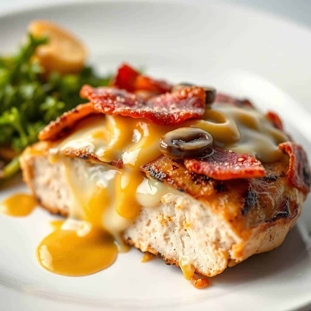 Alice Springs Chicken topped with bacon, cheese, and mushrooms, drizzled with golden sauce on white plate.