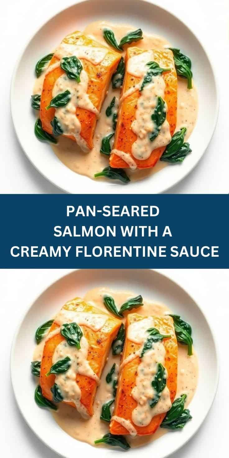Pan-seared salmon fillets topped with creamy sauce and fresh spinach on white plate.