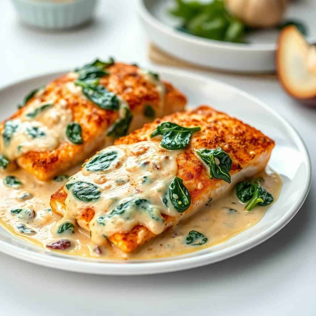 Pan-seared salmon fillets with creamy spinach sauce, garnished with fresh spinach leaves, plated on white dish.
