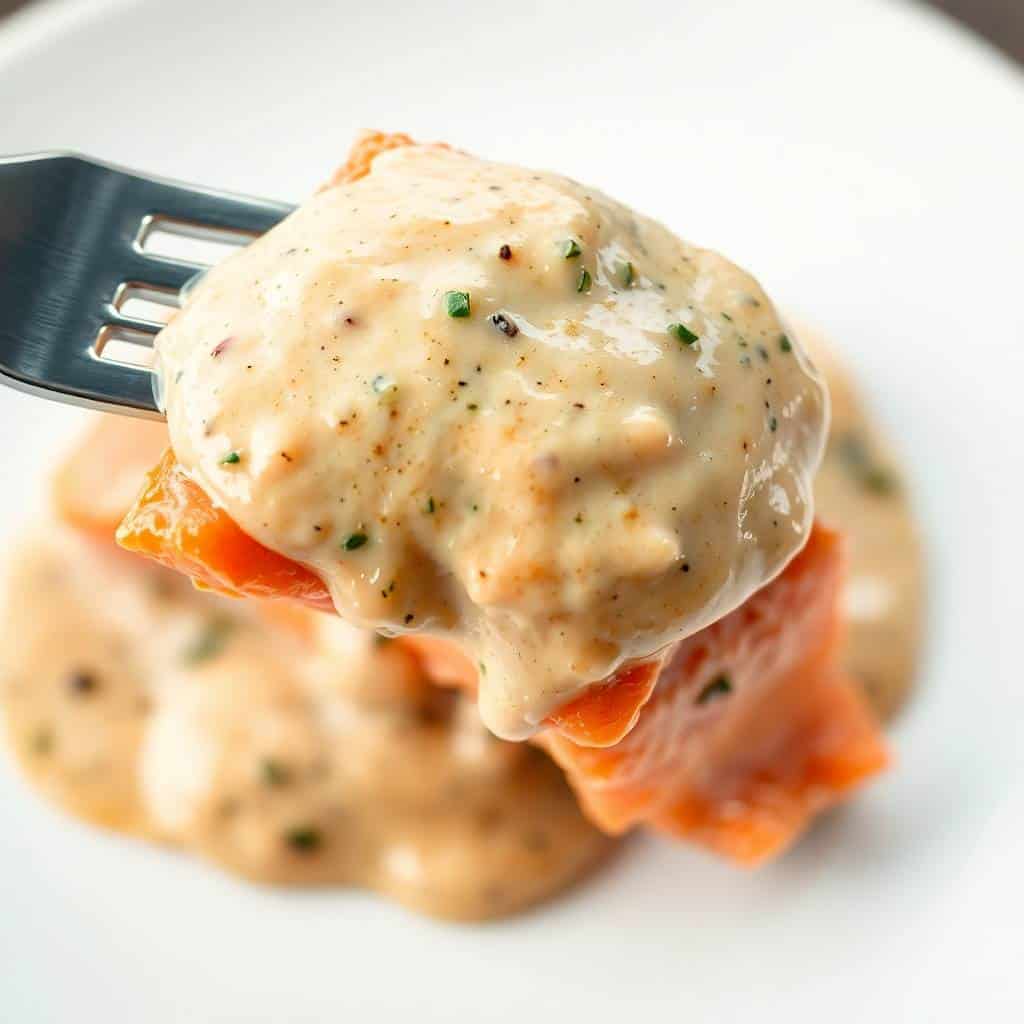 Pan-seared salmon fillet topped with creamy Florentine sauce, garnished with fresh herbs on white plate.
