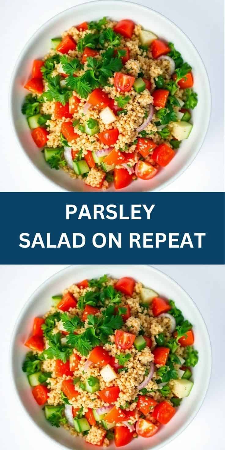 Two identical bowls of parsley salad with quinoa, tomatoes, cucumber, and fresh herbs on white plates.