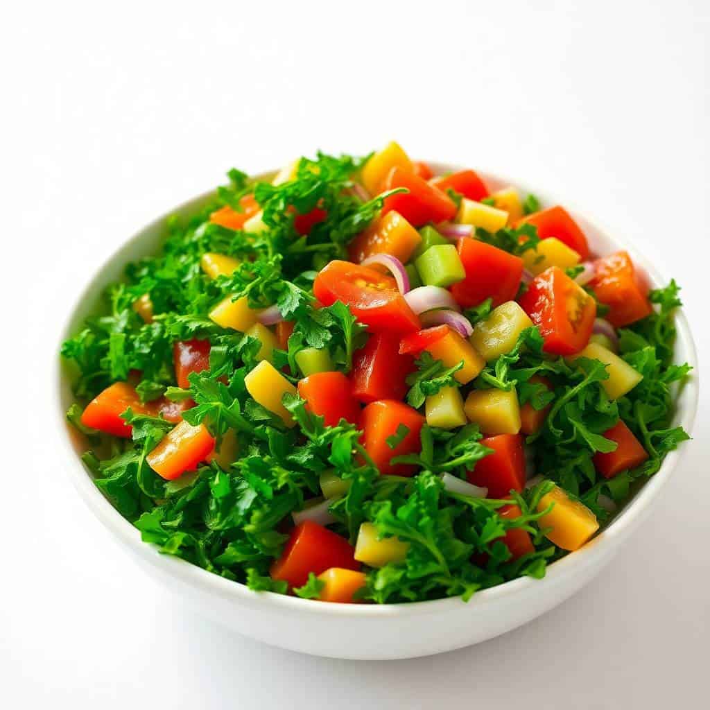 Vibrant parsley salad with diced red peppers, yellow peppers, cucumbers, and red onions in a white bowl.