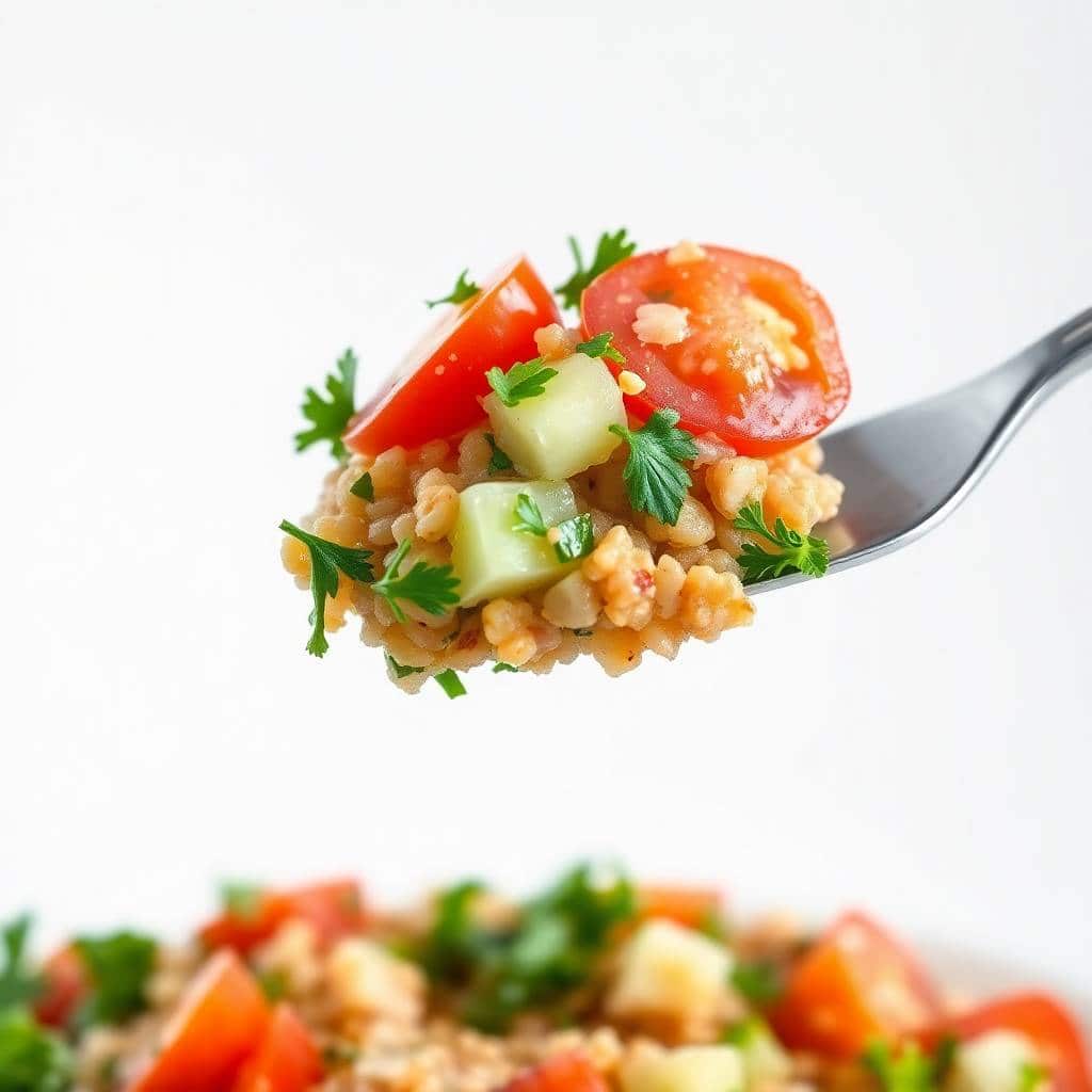 Spoonful of lentil salad with diced tomato, cucumber, and fresh parsley garnish over white background.