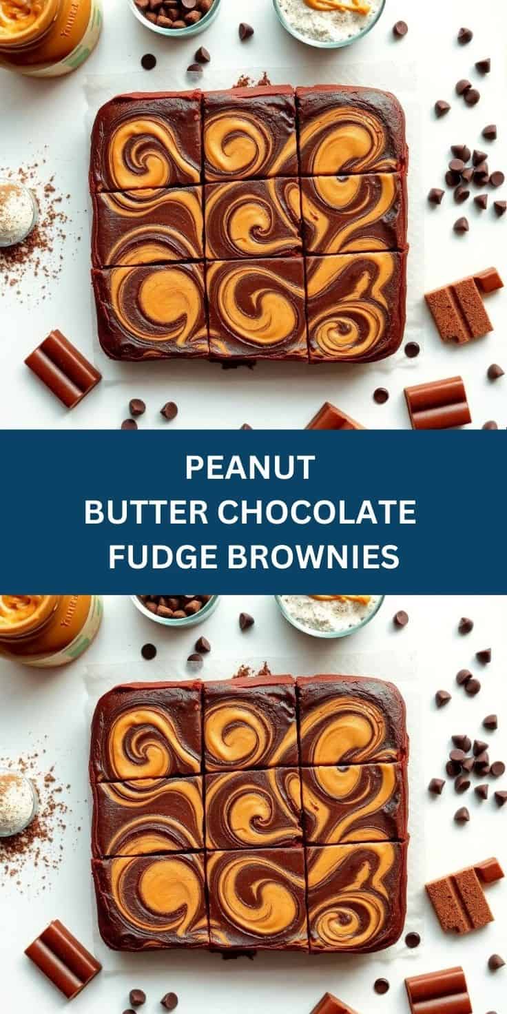 Peanut butter chocolate fudge brownies cut into nine squares with swirled peanut butter topping, surrounded by ingredients.