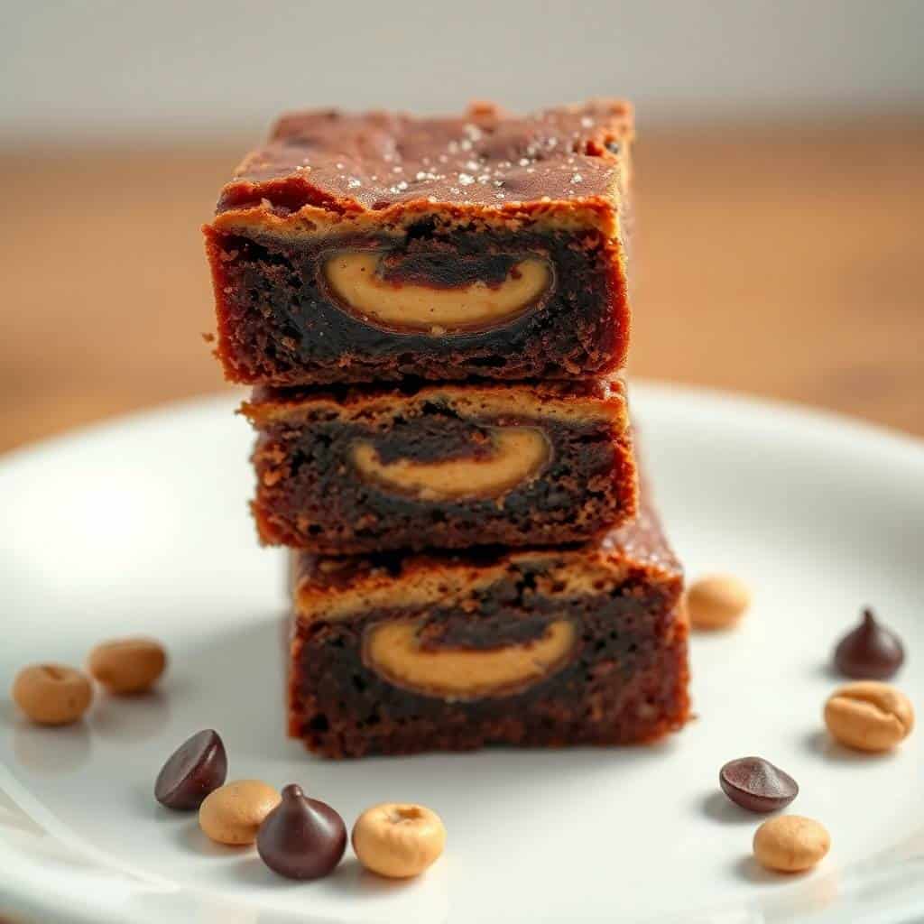 Stacked peanut butter chocolate fudge brownies with creamy swirls on white plate with garnish.