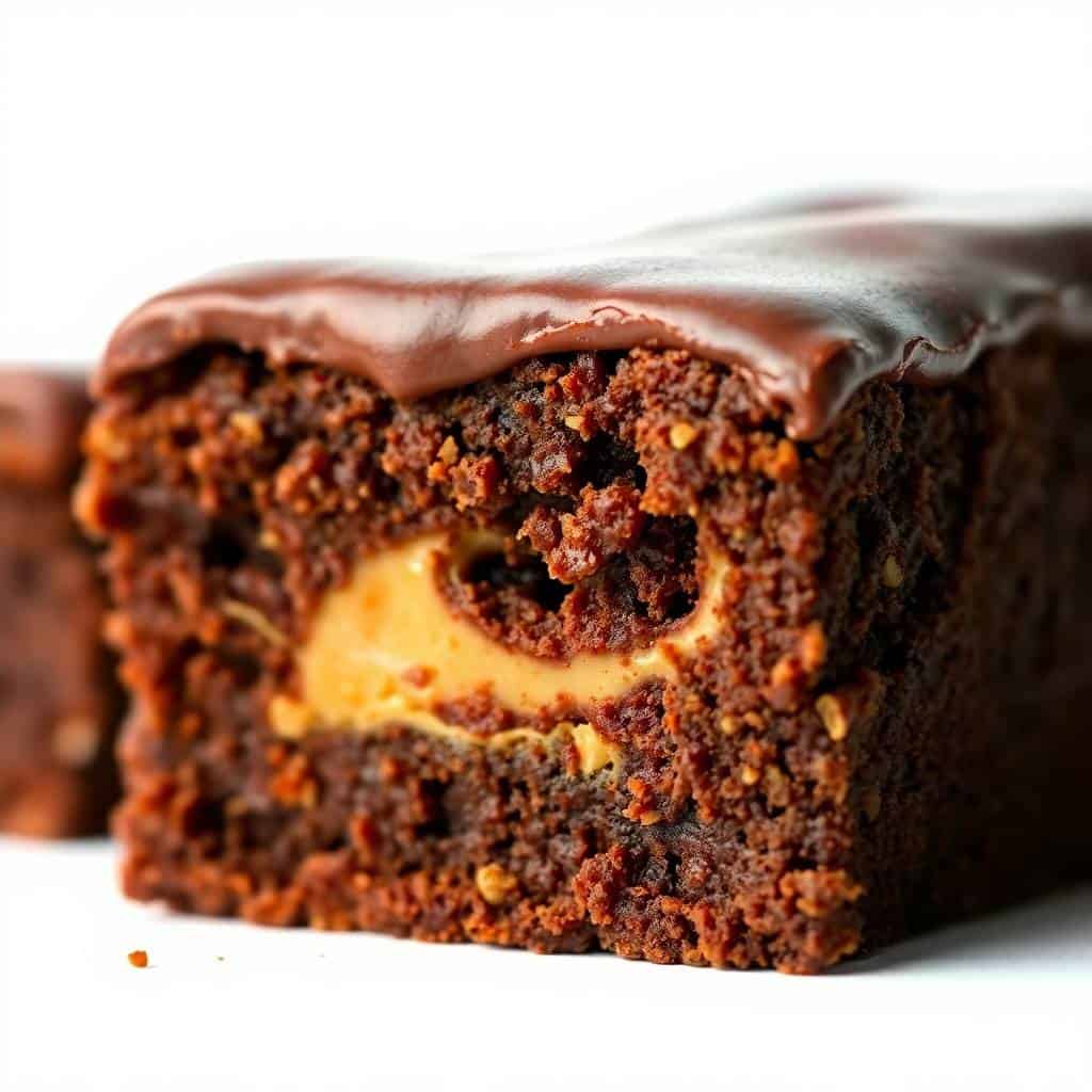 Peanut butter chocolate fudge brownie with thick chocolate frosting, showing dense crumb and creamy peanut butter filling.