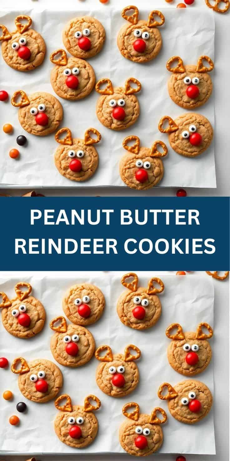 Peanut butter reindeer cookies with pretzel antlers, candy eyes, and red noses on parchment paper.