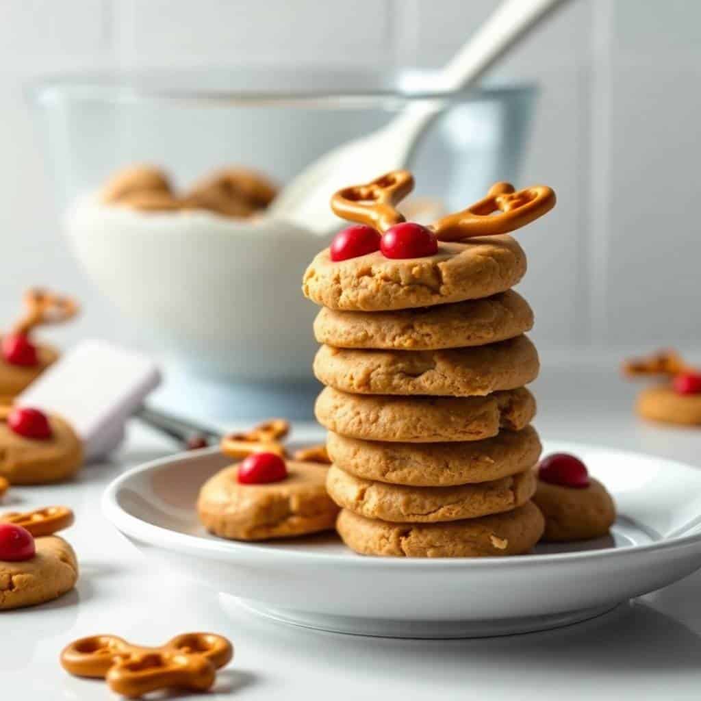 Stacked peanut butter cookies decorated as reindeer with pretzel antlers and red candy noses on white plate.