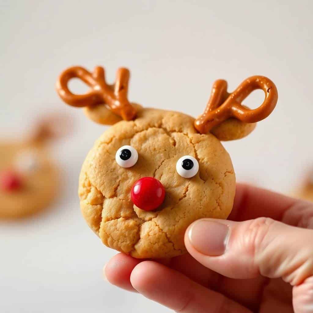 Hand holding a peanut butter reindeer cookie with pretzel antlers, candy eyes, and red nose.
