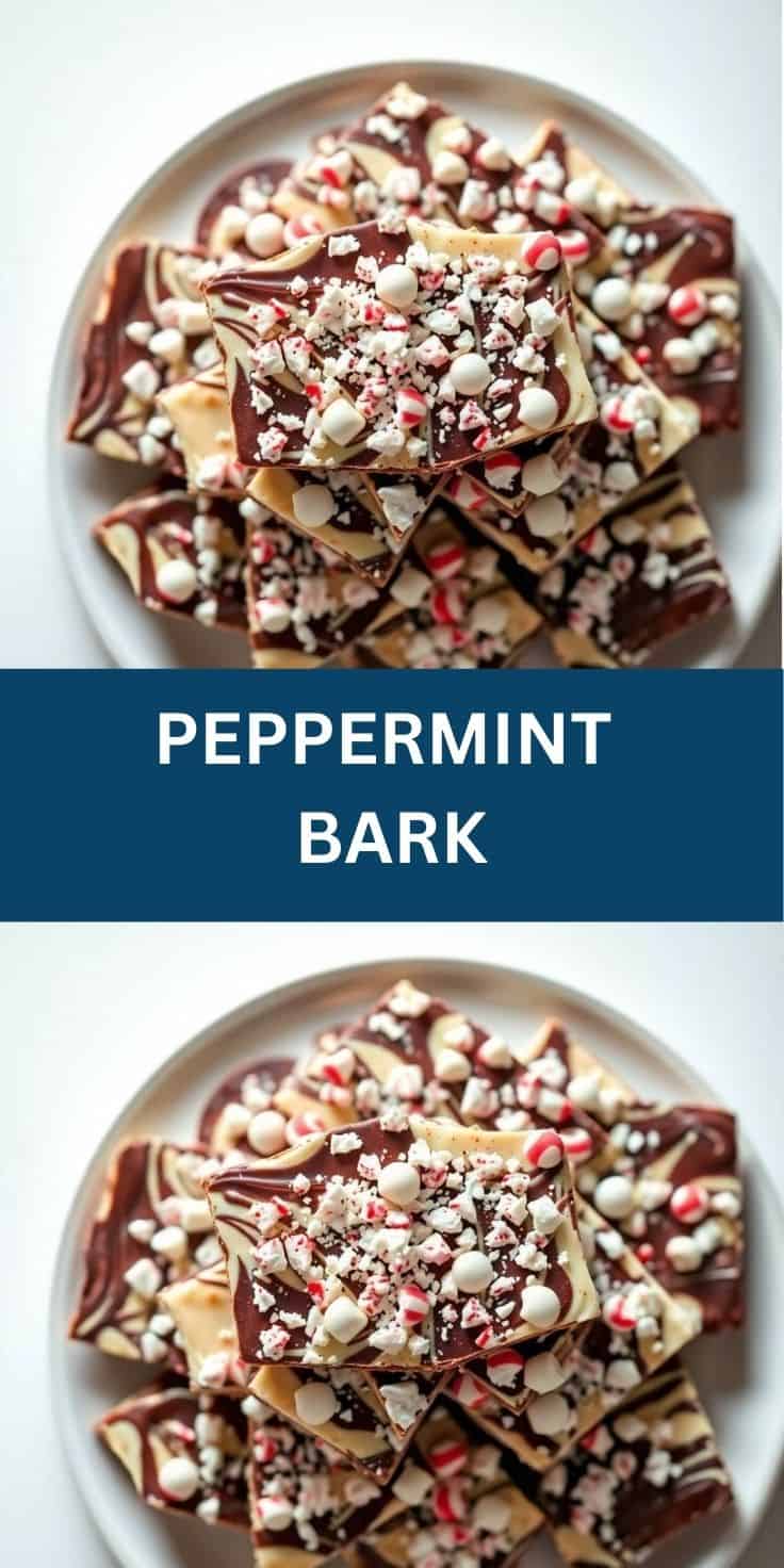 Peppermint bark pieces on white plate with chocolate, peppermint candy, and white pearls.
