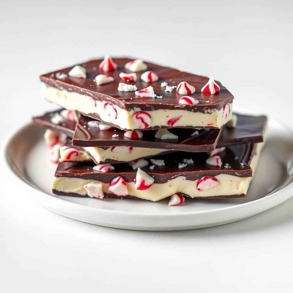 Stacked peppermint bark pieces with chocolate and cream layers, topped with crushed candy canes on white plate.