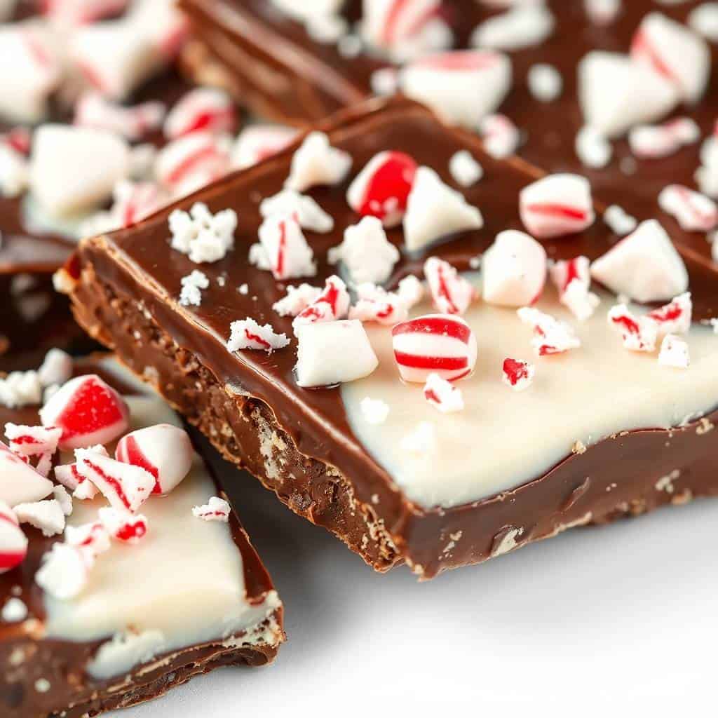 Peppermint bark pieces with chocolate base, white chocolate top layer, and crushed candy cane garnish.