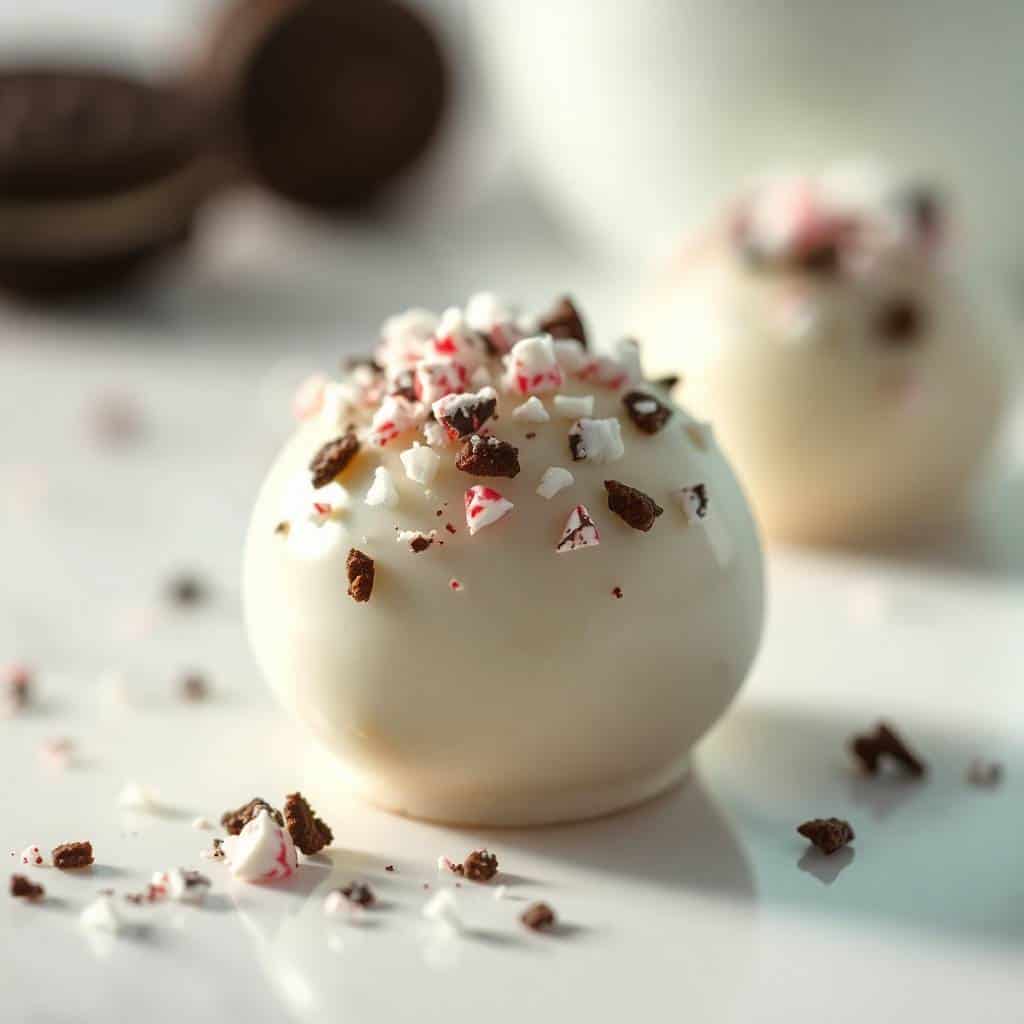 White chocolate peppermint truffle topped with crushed candy canes and cocoa bits on white surface.