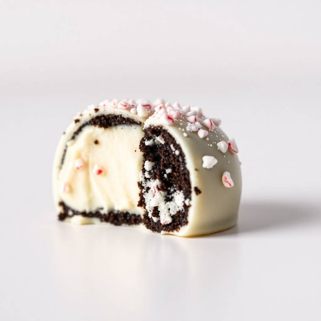 Peppermint Oreo truffle cut in half, showing chocolate cake and white cream filling, topped with crushed candy.