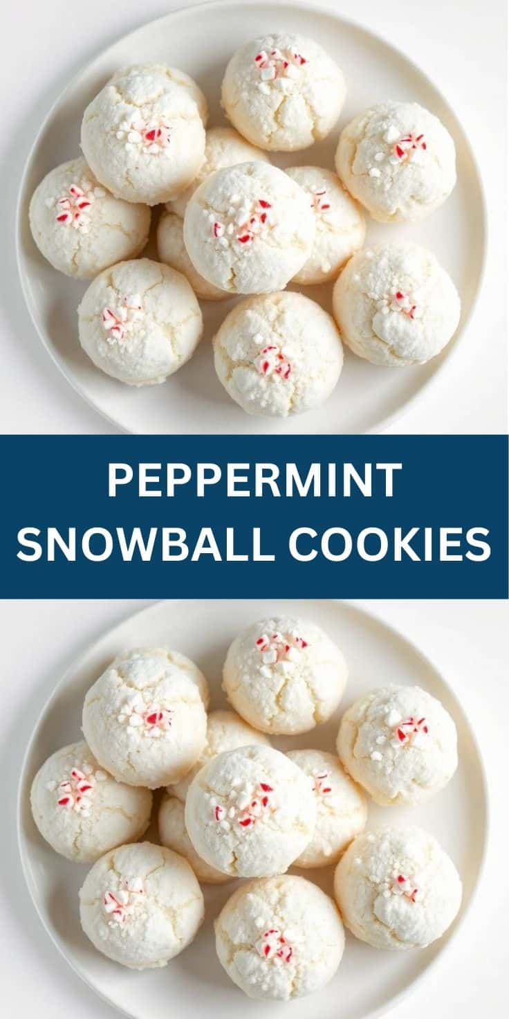 Peppermint snowball cookies on white plate with crushed candy cane garnish.