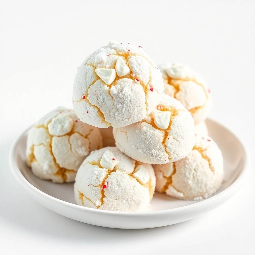 Peppermint snowball cookies dusted with powdered sugar, topped with sliced almonds and red candy pieces on white plate.
