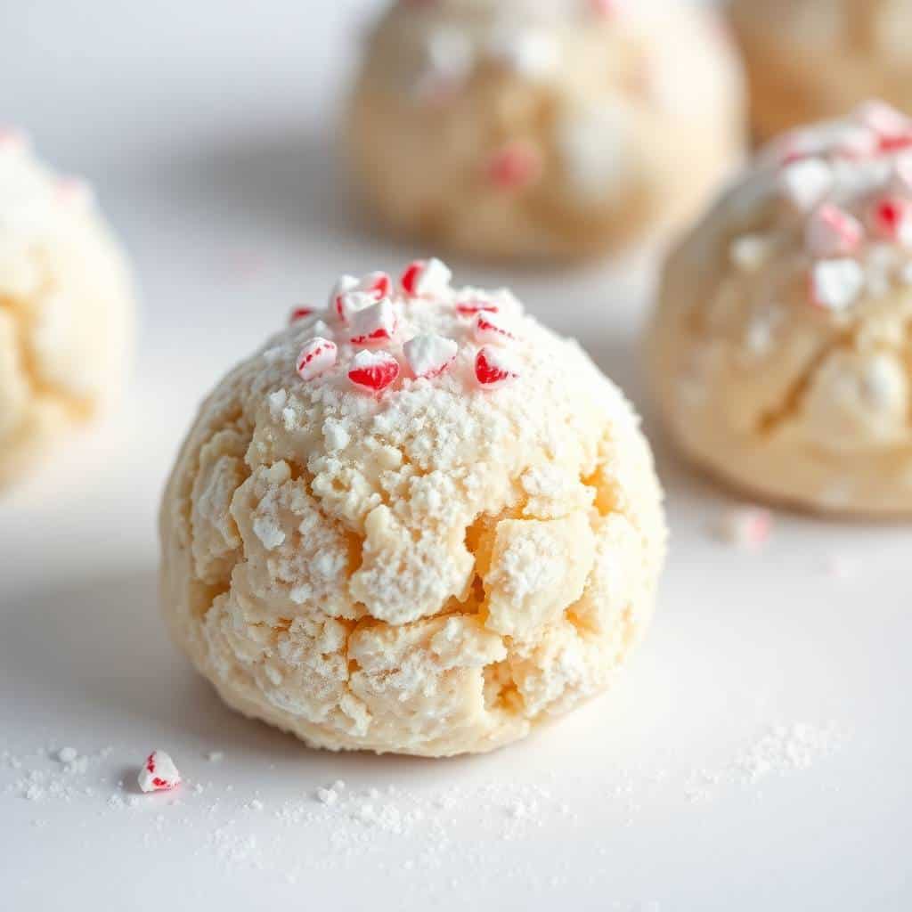 Peppermint snowball cookies coated in powdered sugar with red and white candy pieces on white surface.
