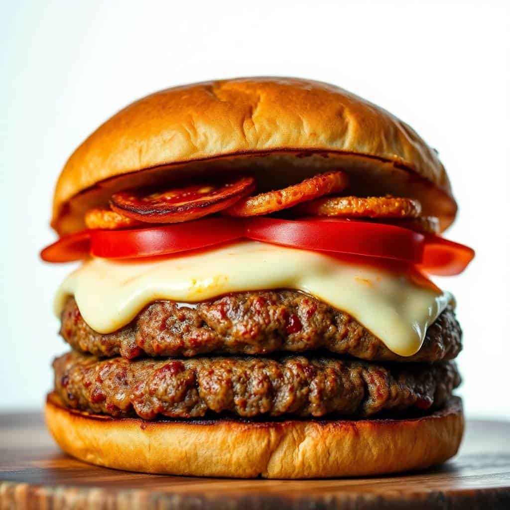Double cheeseburger with melted cheese, tomato slices, bacon, and crispy fries on golden bun.