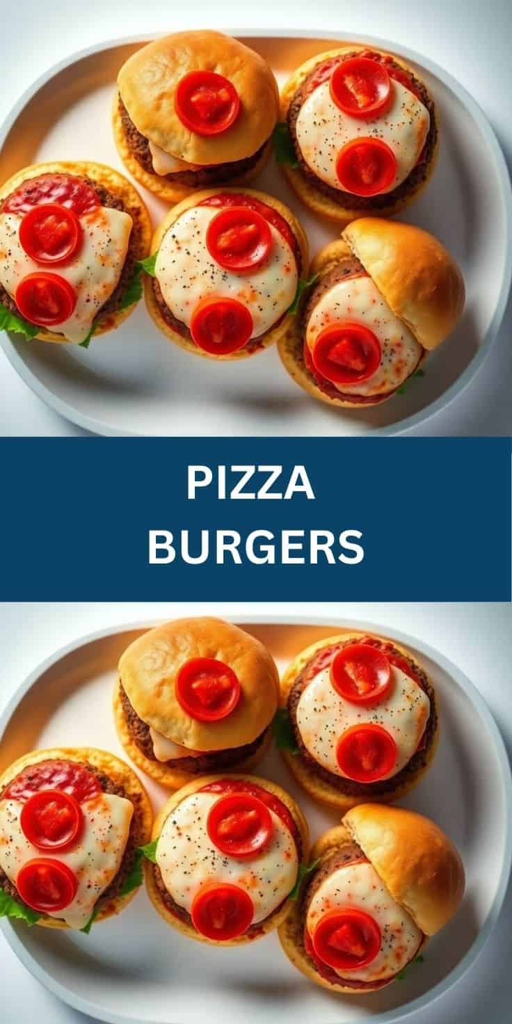Five pizza burgers on white plate with melted cheese, tomato slices, and seasoning.