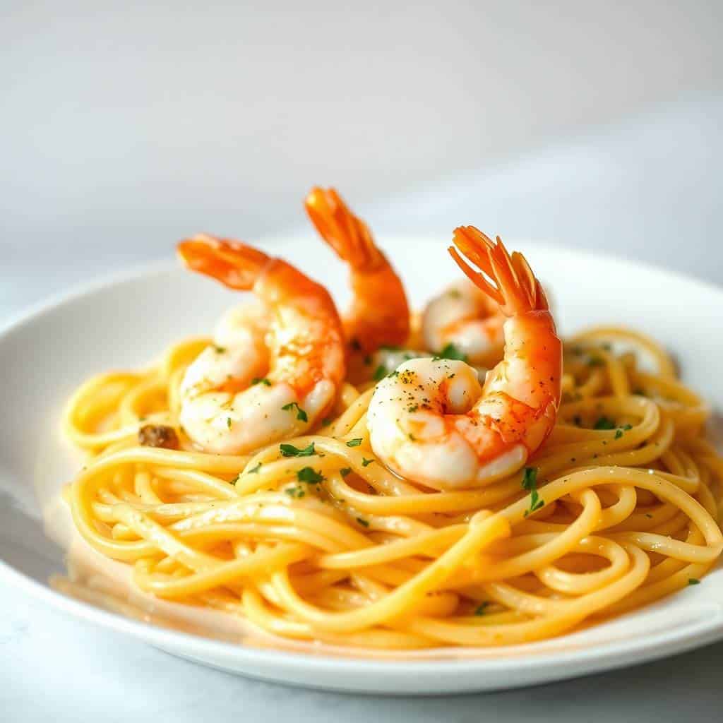 Shrimp scampi with spaghetti pasta, garnished with parsley, served on white plate.