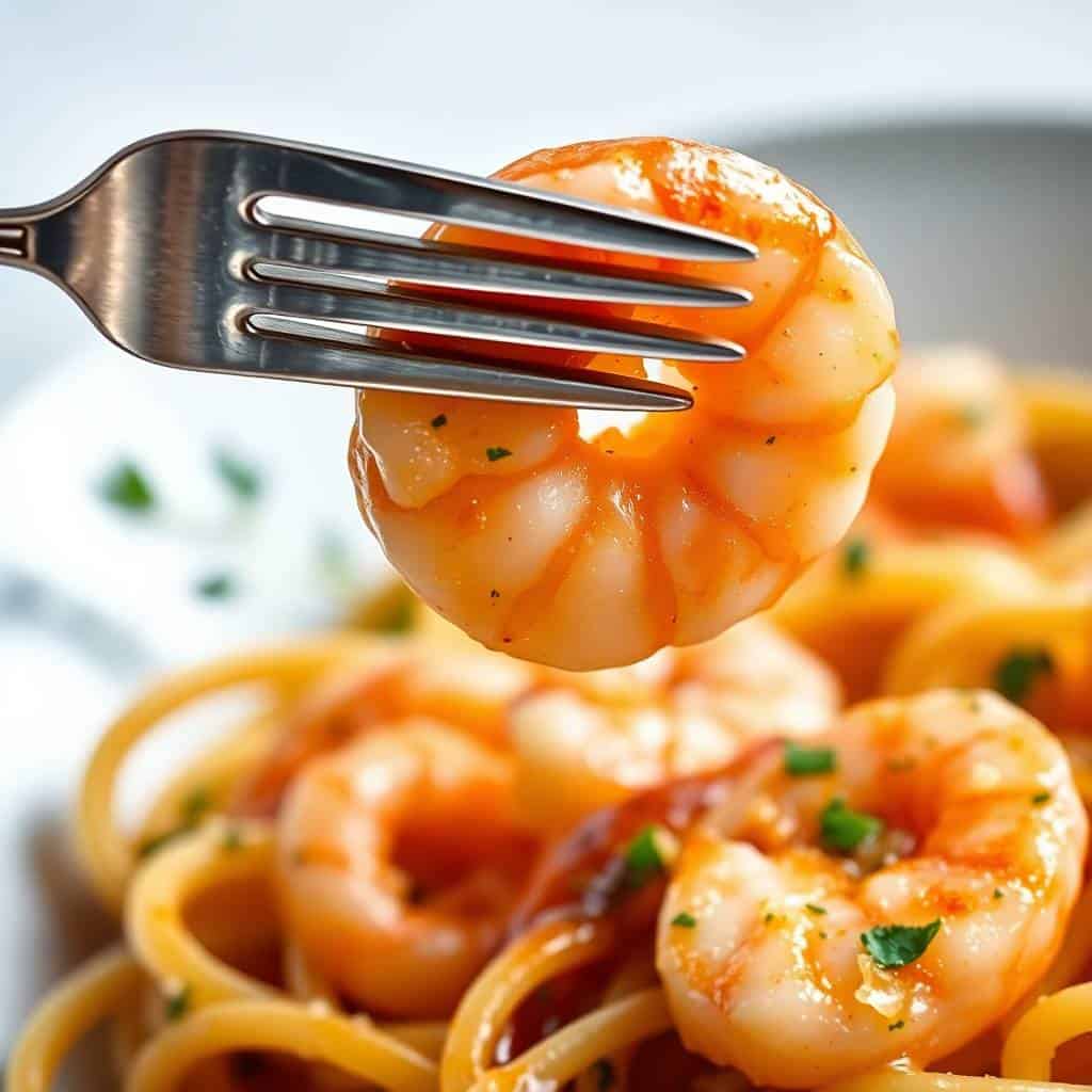 Fork holding a plump shrimp above a plate of shrimp scampi with pasta and green garnish.