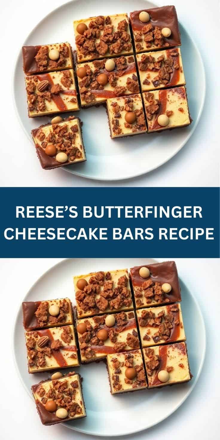 Reese's Butterfinger cheesecake bars arranged on white plate, topped with chocolate and candy pieces.