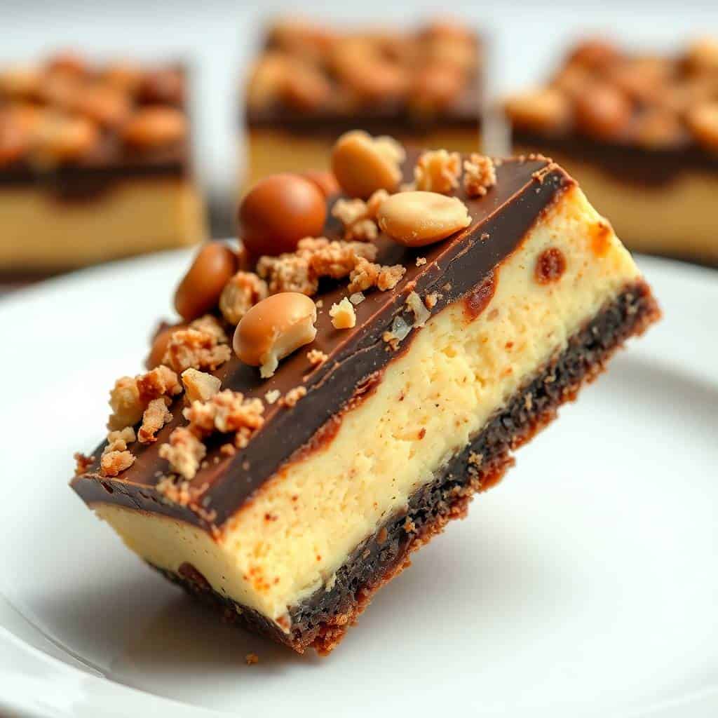 Reese's Butterfinger cheesecake bar with chocolate topping, peanuts, and crumble garnish on white plate.