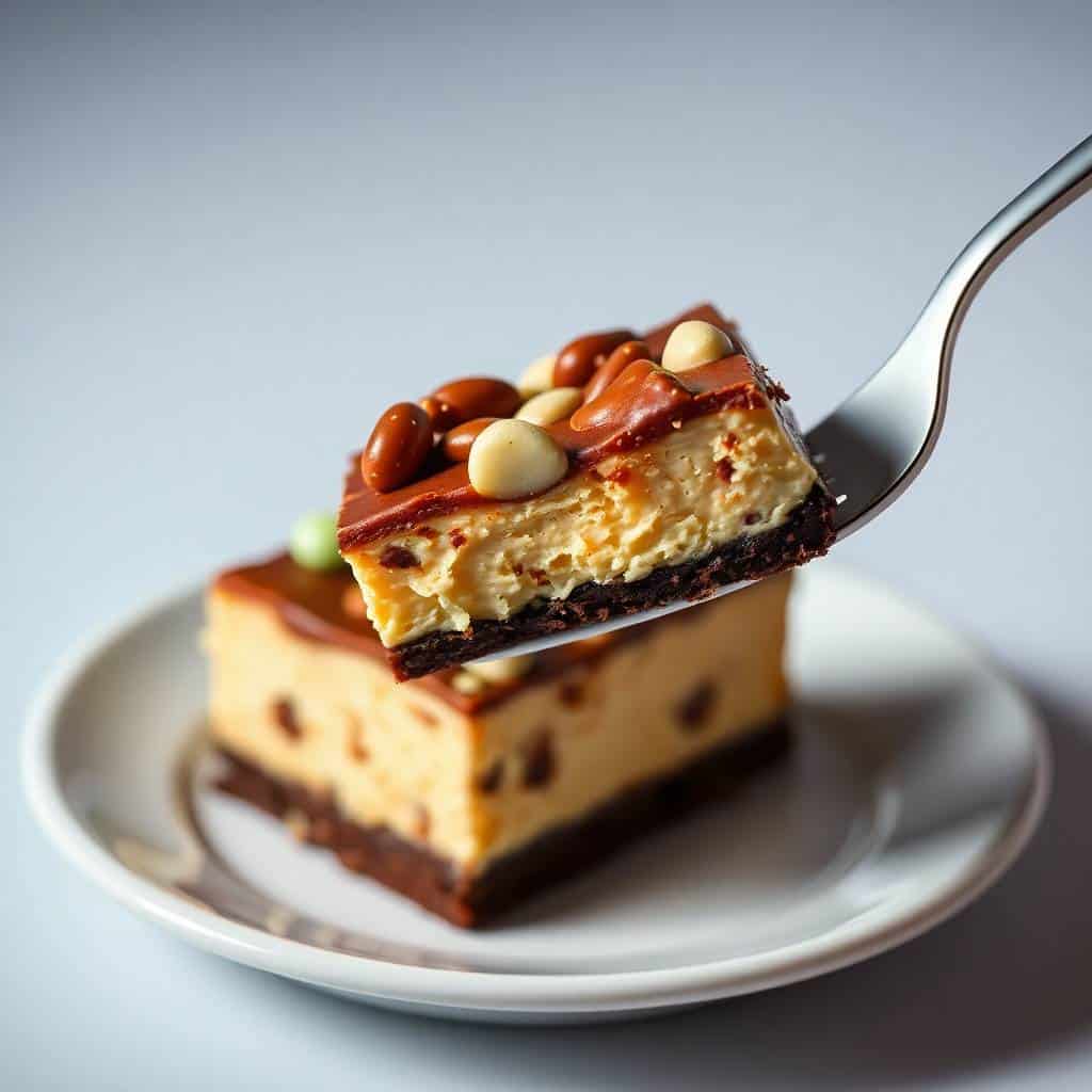 Reese's Butterfinger cheesecake bar on fork with chocolate layer, creamy filling, and candy toppings on plate.