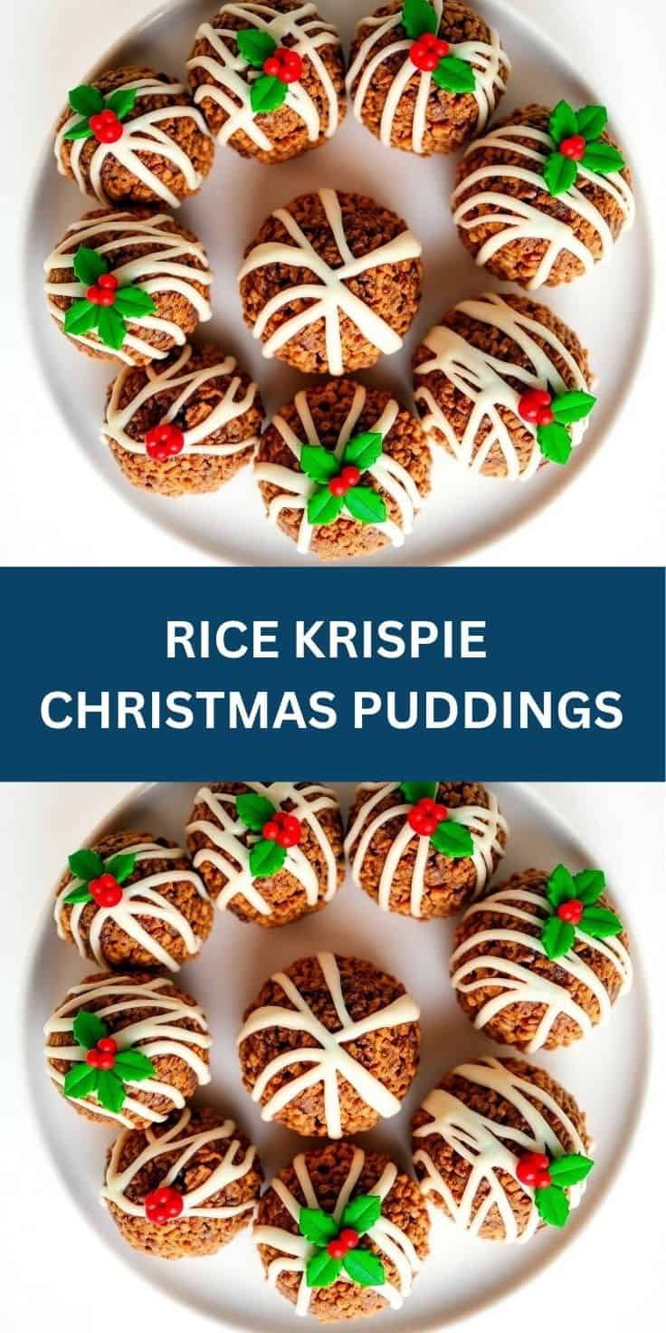 Rice Krispie Christmas puddings arranged on white plate with white icing drizzle and holly berry garnish.
