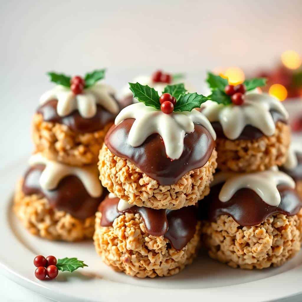 Rice Krispie Christmas puddings with chocolate coating, white icing drizzle, and holly leaf garnish on white plate.