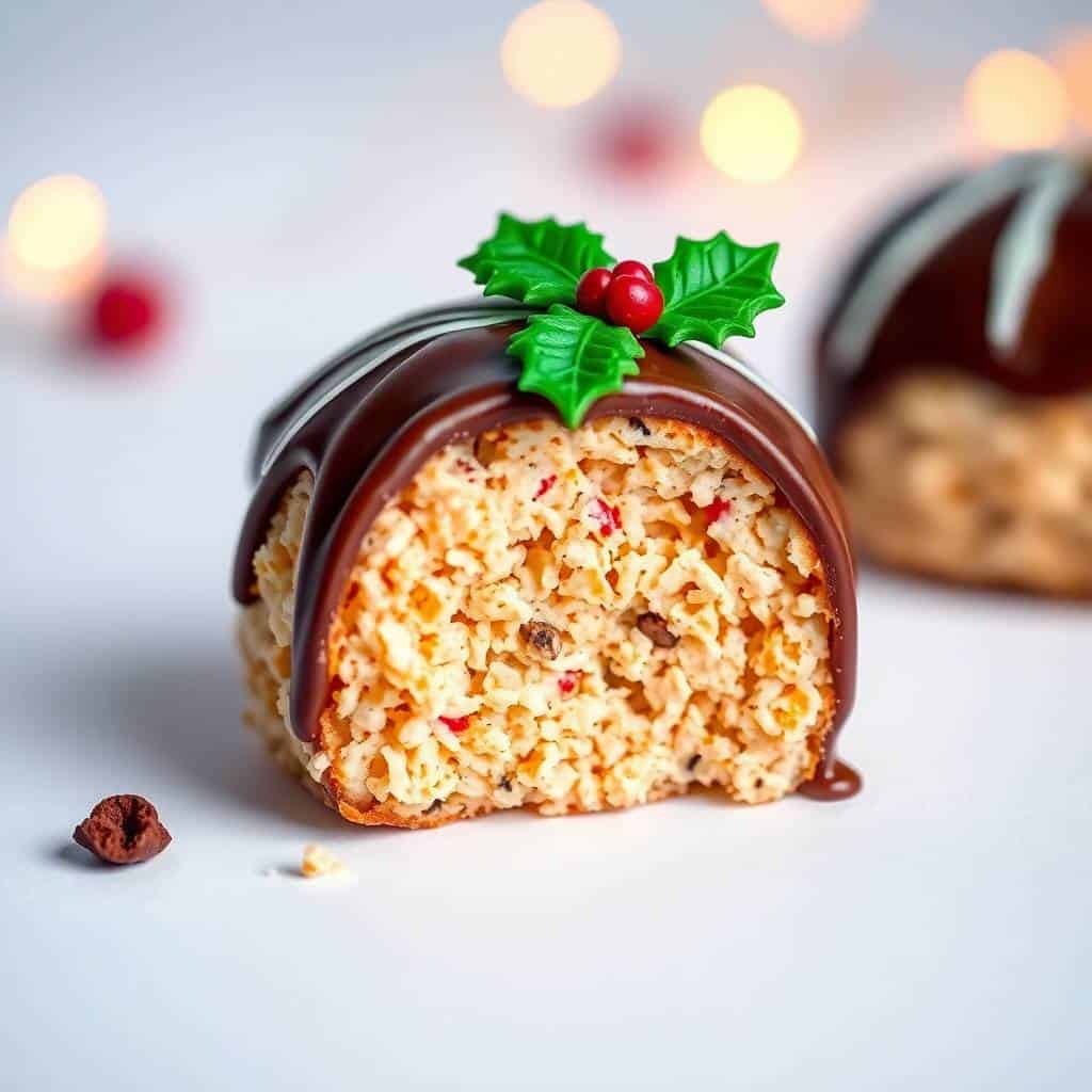 Rice Krispie Christmas pudding topped with chocolate coating, holly garnish, and red berries on white surface.