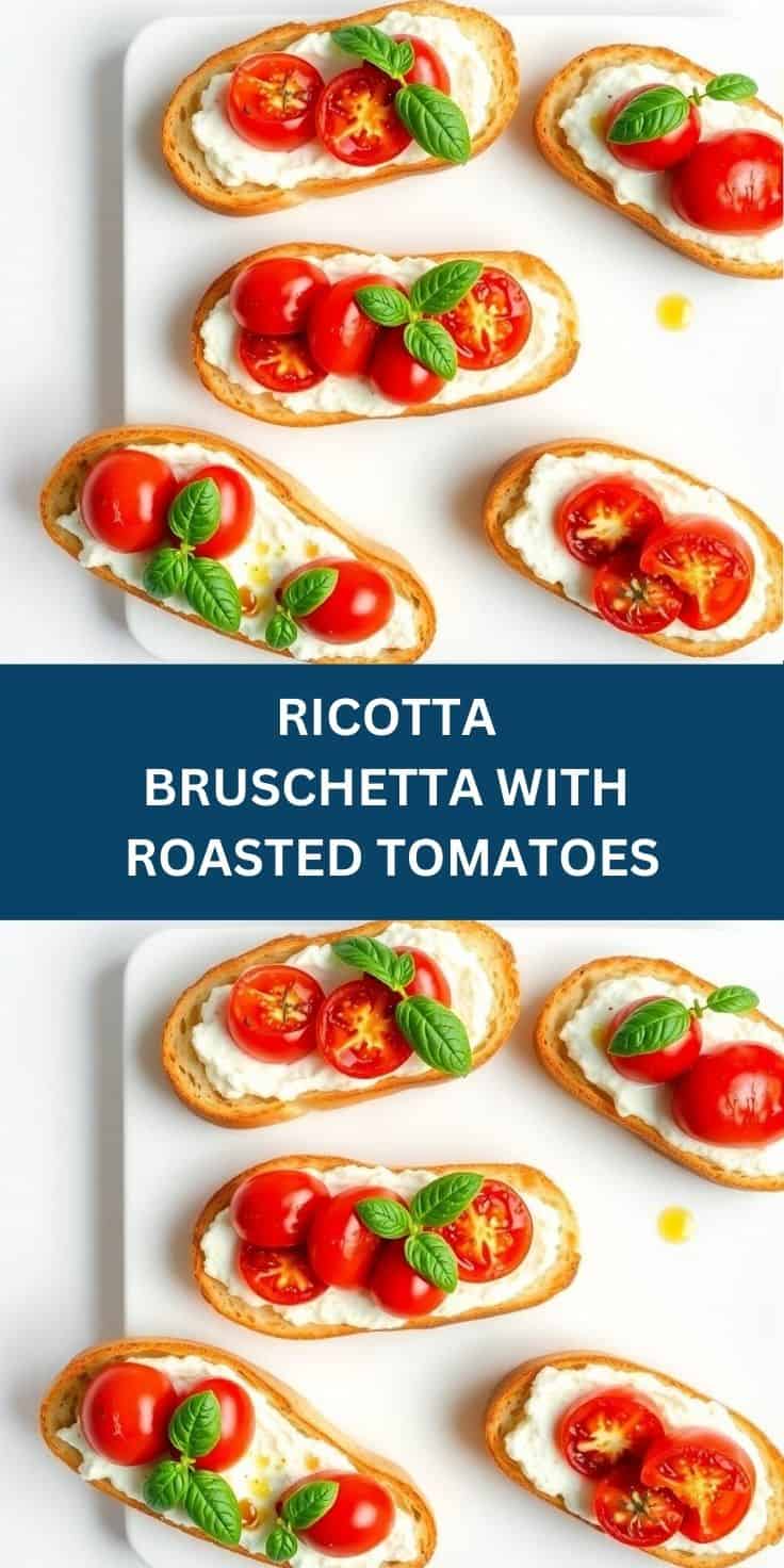 Ricotta bruschetta with roasted tomatoes and fresh basil on toasted bread slices, arranged on white plate.
