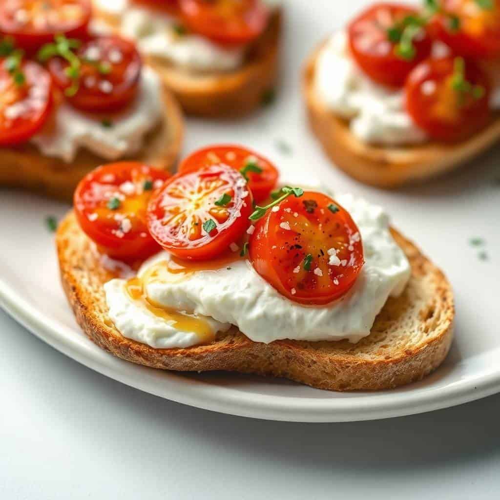 Ricotta bruschetta with roasted tomato slices, fresh herbs, and sea salt on toasted bread.