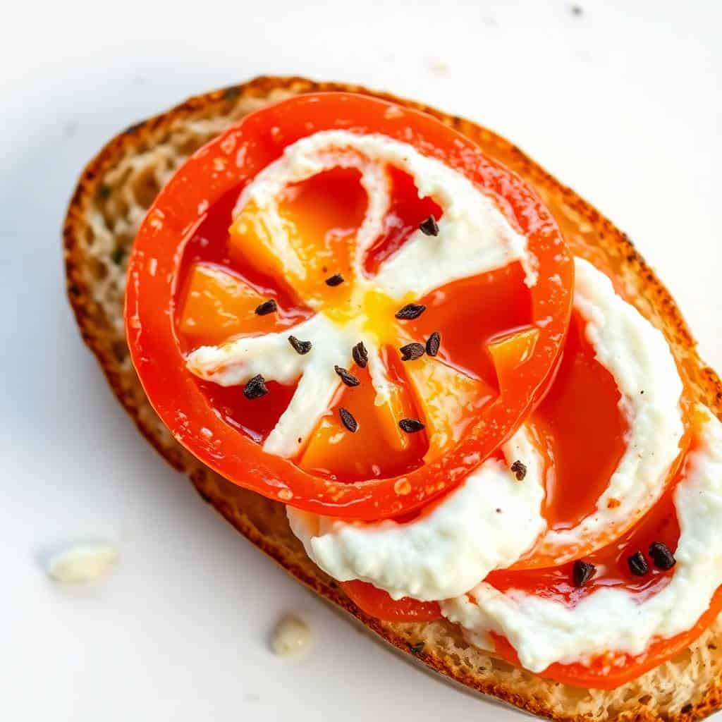 Ricotta bruschetta with roasted red tomato slices, white cream, and black seeds on toasted bread.
