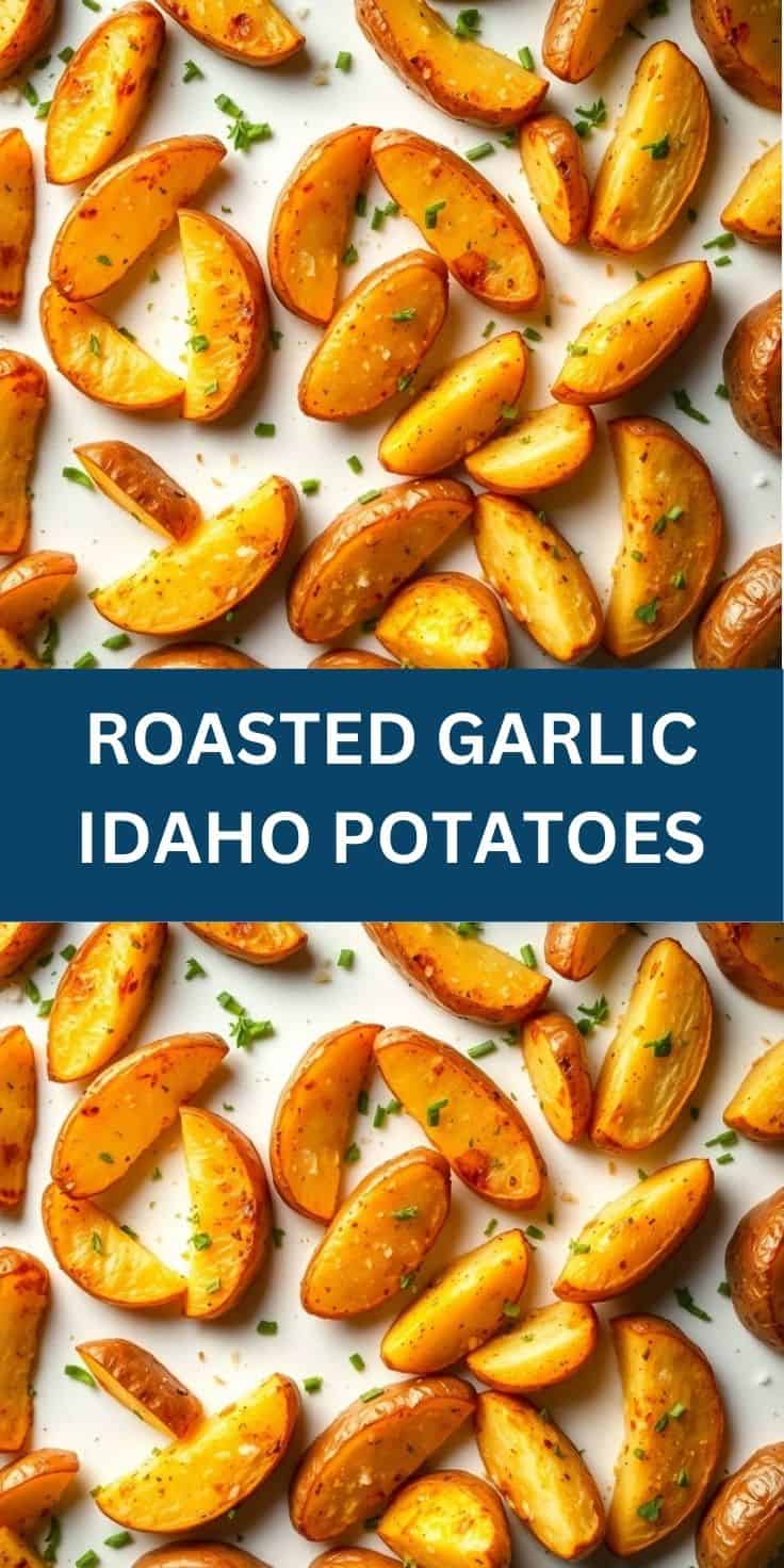 Golden roasted garlic Idaho potatoes garnished with fresh chives on white background.
