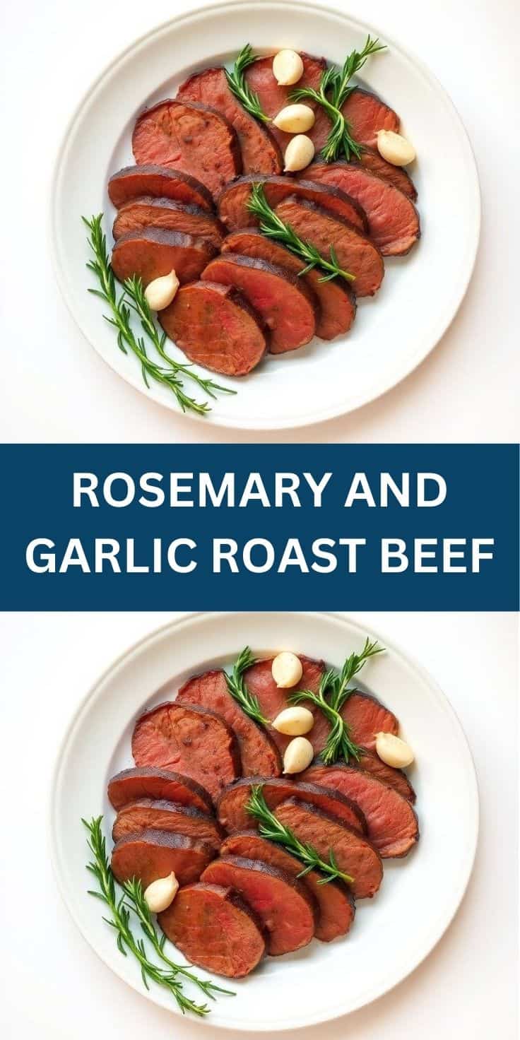 Sliced rosemary and garlic roast beef arranged on white plate with fresh rosemary sprigs and garlic cloves.