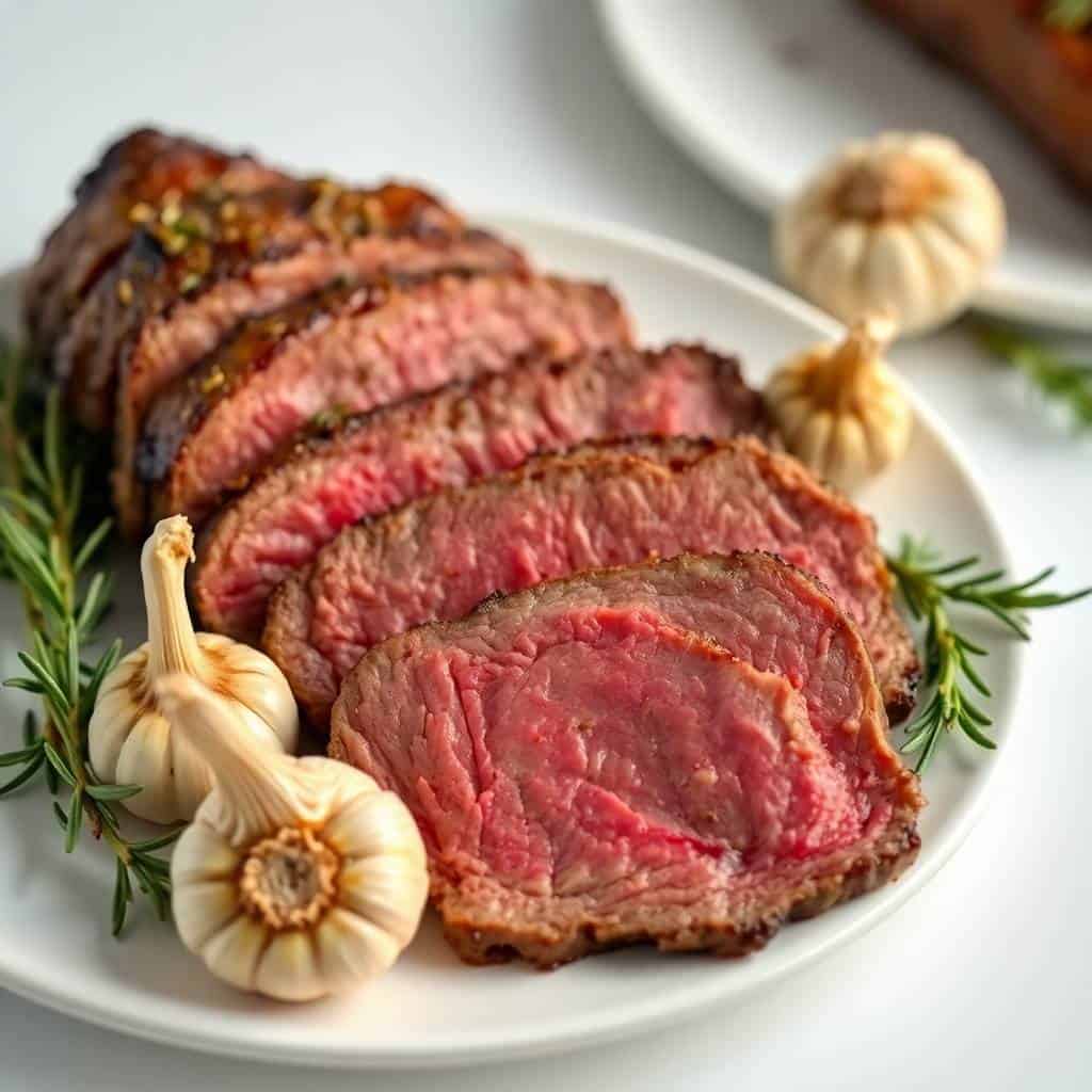 Sliced rosemary and garlic roast beef with pink center on white plate, garnished with garlic cloves and fresh rosemary spr...